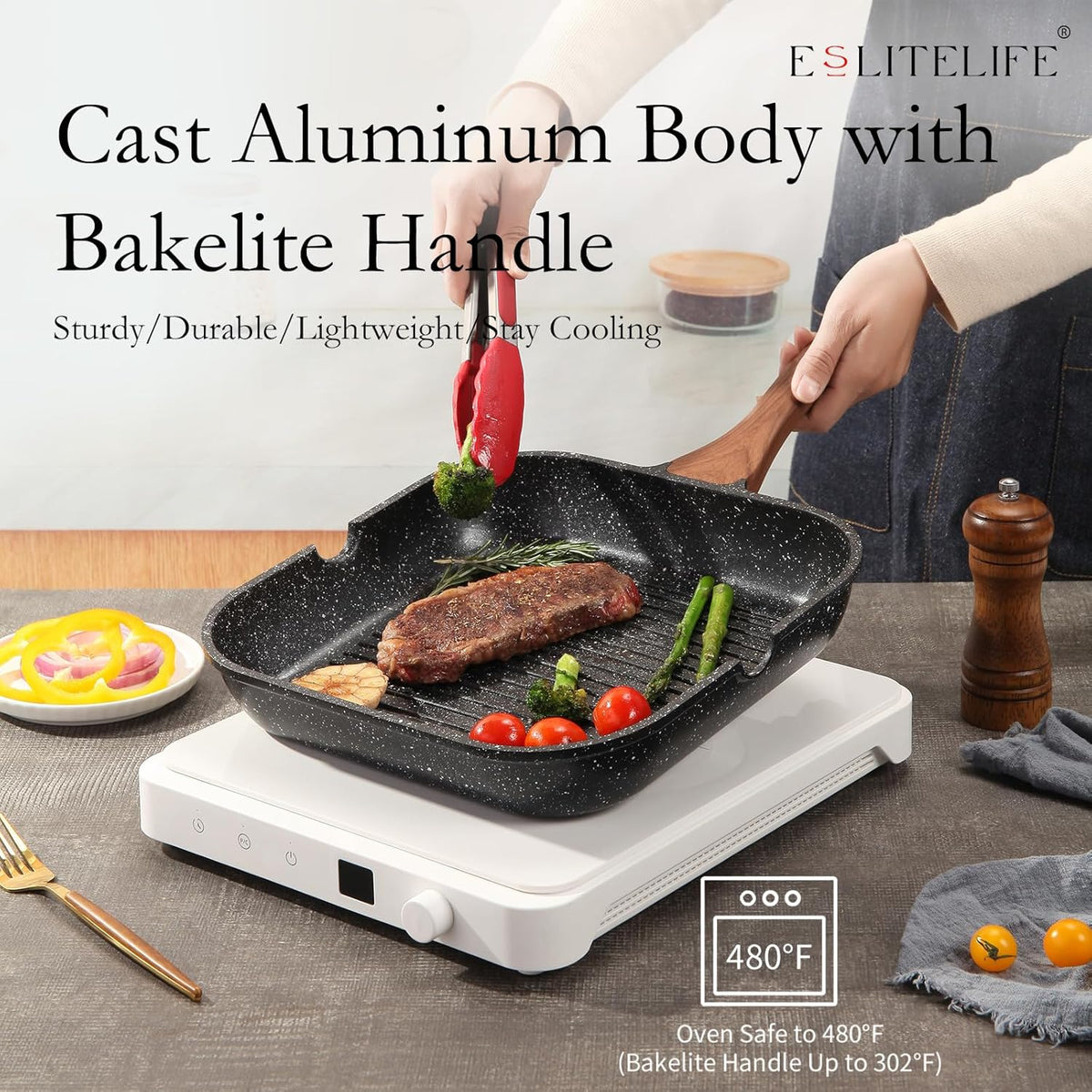 ESLITE LIFE 9.5 Inch Nonstick Grill Pan with Lid for Indoor Cooking, Versatile Induction Square Large Grilling Skillet Steak Pan for Stove Tops, PTFE & PFOA Free, Black