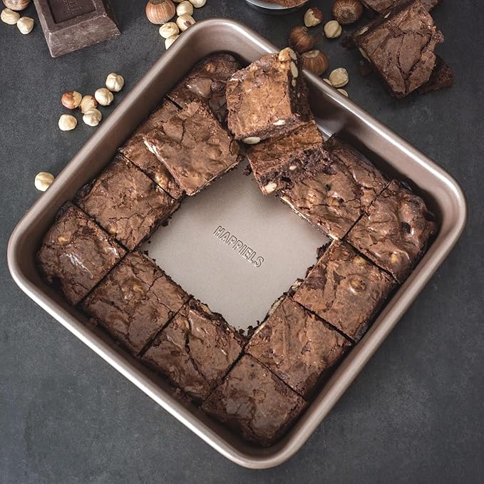 HAPPIELS Nonstick 9x9 Baking Pan | PFOA & BPA Free Non Toxic 9 x 9 Inch Cake & Brownie Pan | Best Nontoxic Square 9x9 inches Pans for Baking | Non Stick Carbon Steel Gold Baking Ware