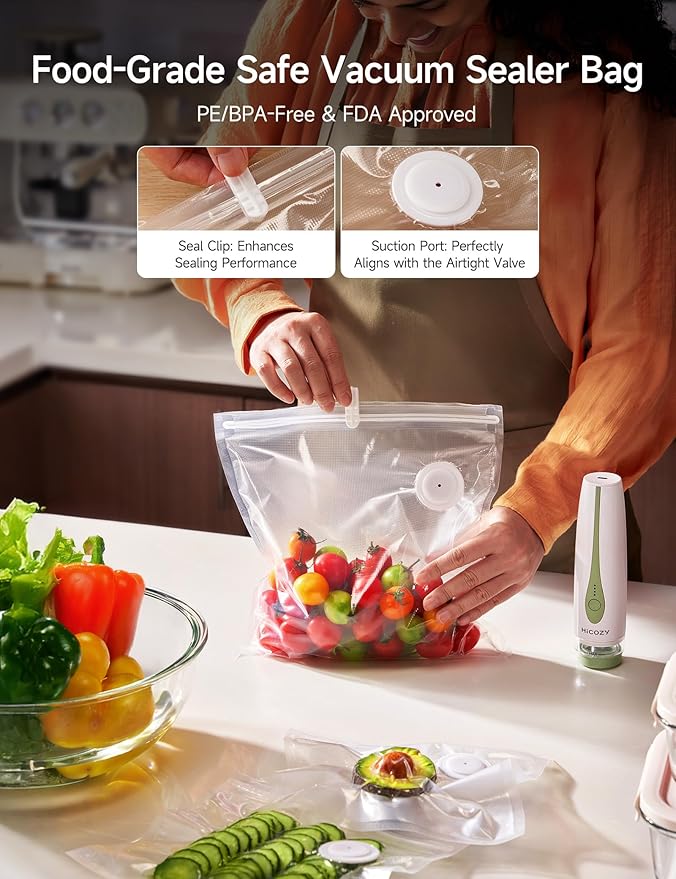 HiCOZY Vacuum Sealer for Food with Visible Water Tank, Powerful Compact Handheld Vacuum Sealer Machine with LED Battery Display, 30 BPA-Free and Reusable Bags, Green