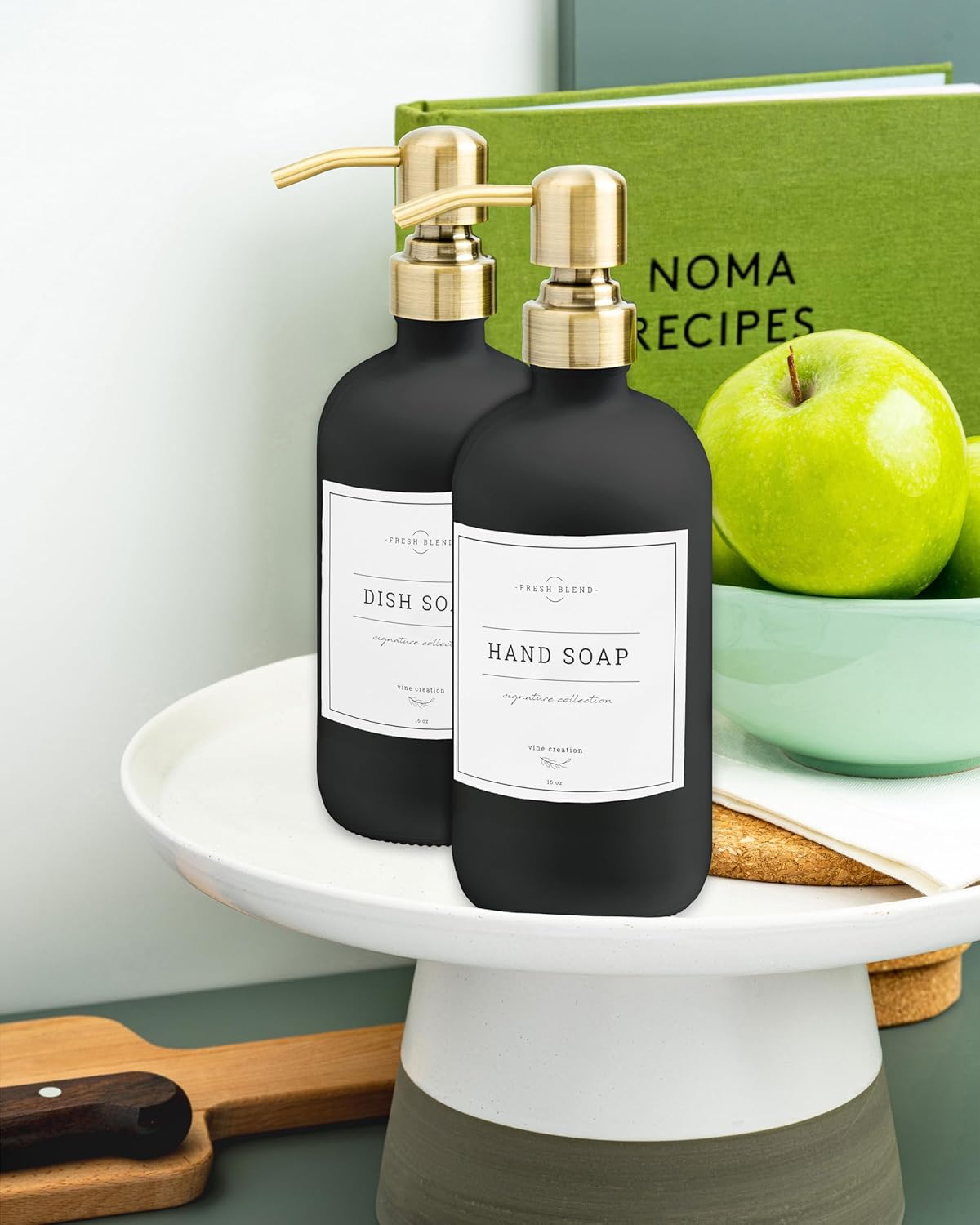 Vine Creations Black Glass Soap Dispenser, 2 Pack Kitchen Soap Dispenser Set with Stainless Steel Pump, 16 oz Dish Soap and Hand Soap Dispensers for Bathroom with Waterproof Labels