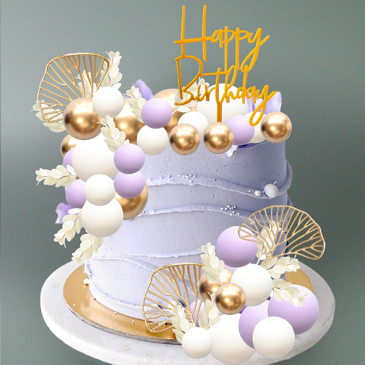 Gyufise 57Pcs Balls Cake Topper Boho Grass Cake topper Pearl Balls Acrylic Happy Birthday Cake Decorations for Wedding Baby Shower Birthday Boho Themed Party Supplies Purple
