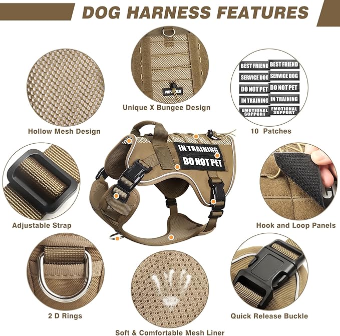 WINSEE Service Dog in Training Mesh Harness with 10 Pet Patches, Soft Air Mesh Breathable Tactical Dog Molle Vest, Reflective Military Pet Vest for Walking Hiking for Large Dogs
