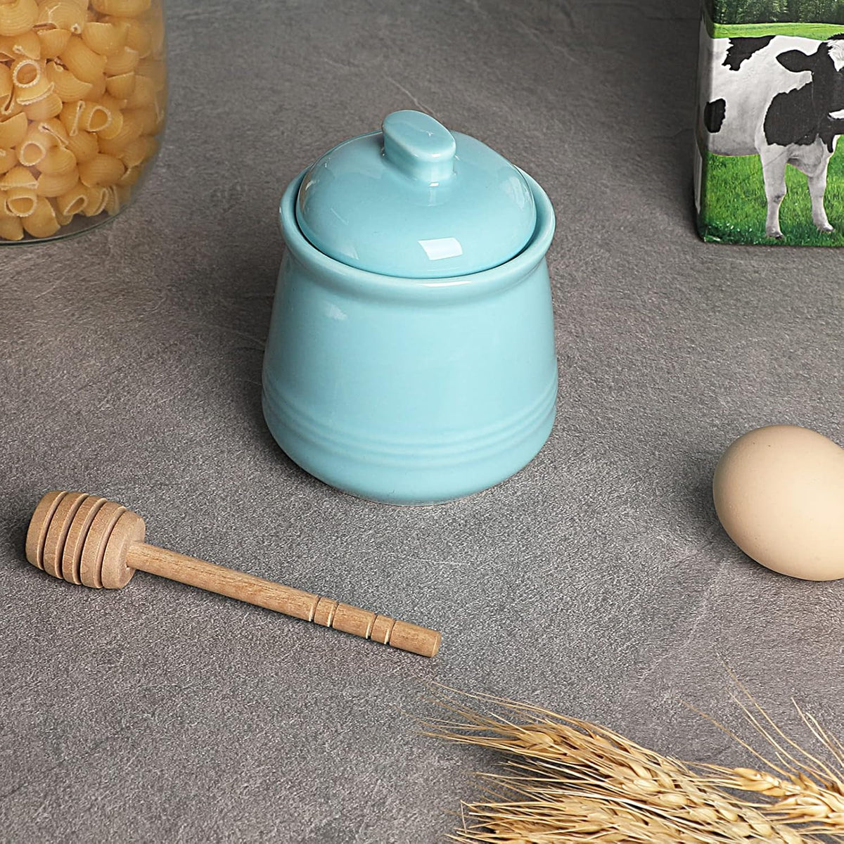 LEETOYI Porcelain Honey Jar with Lid and Honey Dipper,Ceramic Honey pot,12oz (Turquoise)
