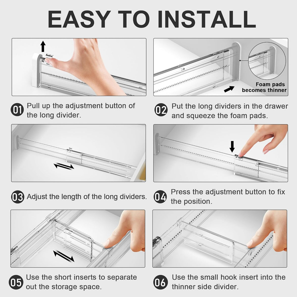 HiYZ Expandable Drawer Dividers with Inserts - 2.36'' High Adjustable Drawer Organizers Separators for Kitchen, Bedroom, Dresser, Office, 8 Long Dividers(12.6-22.8'') with 16 Inserts(3.9-7.1'')-Clear