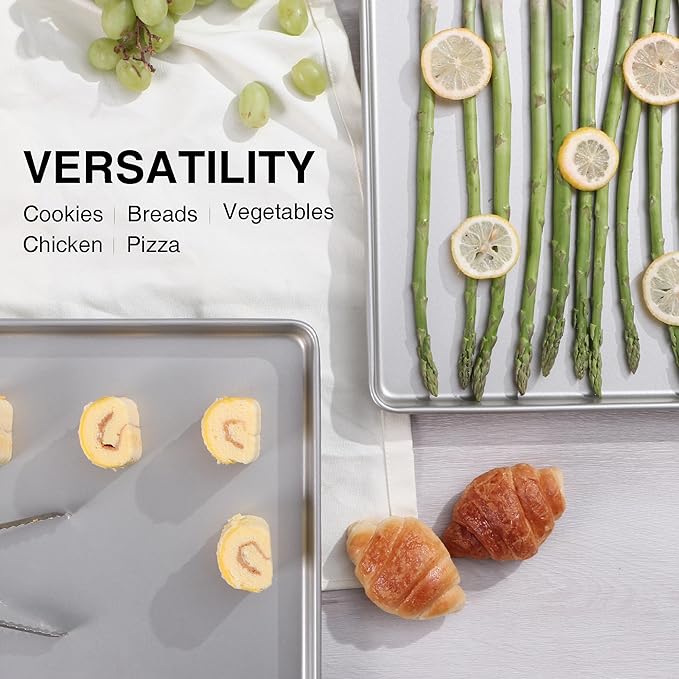 HONGBAKE Half Baking Sheet Pan Set of 2, Nonstick Cookie Sheet for Oven, Heavy Duty 1/2 Commercial Cookie Trays, Dishwasher Safe - Silver