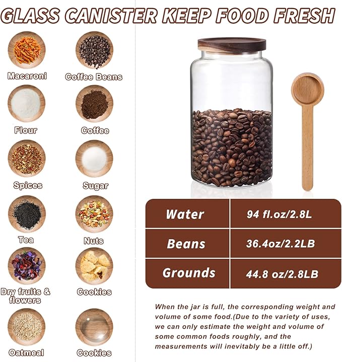 Large Glass Coffee Storage Jar with Lids Spoon Thicken Glass Coffee Canister Borosilicate Glass Food Containers for Ground Coffee Beans Nut Pasta Sugar Candy Spice Rice Loose Tea (2800ml/94oz)