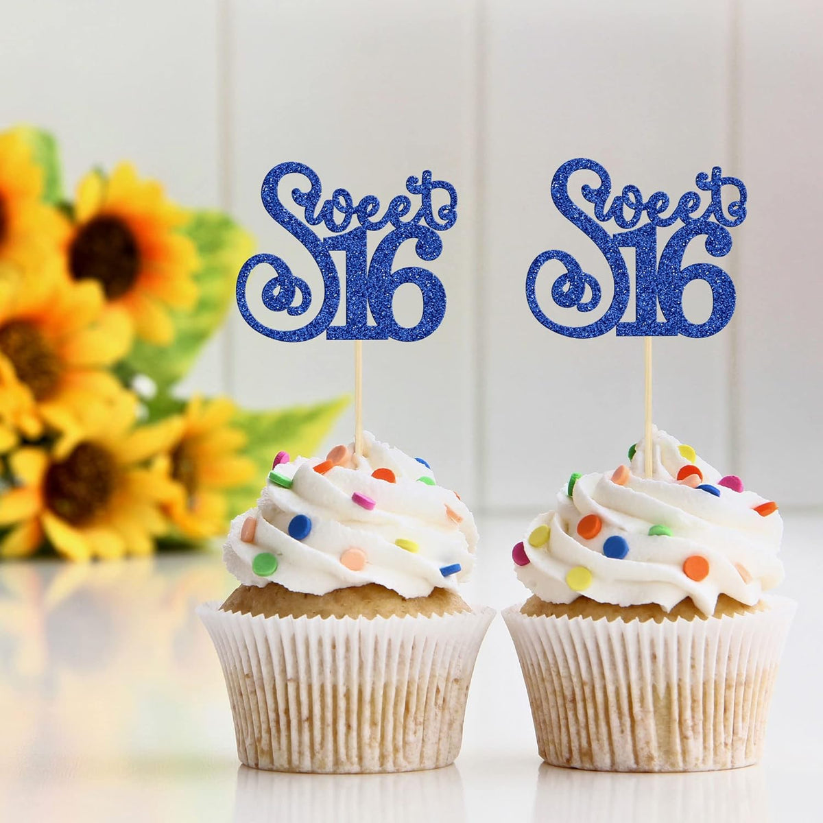 Gyufise 24 Pack 16th Birthday Cupcake Toppers Glitter Sixteen Happy Sweet 16 Cupcake Picks Cheers to 16 Years Old Cupcake Decorations for 16th Birthday Anniversary Party Cake Decorations Supplies Blue
