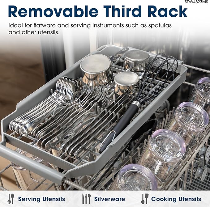 Sharp SDW4523MS 18-Inch Built-In Dishwasher, Stainless Steel, 47 dB, Third Rack, 8 Place Settings, 6 Wash Cycles