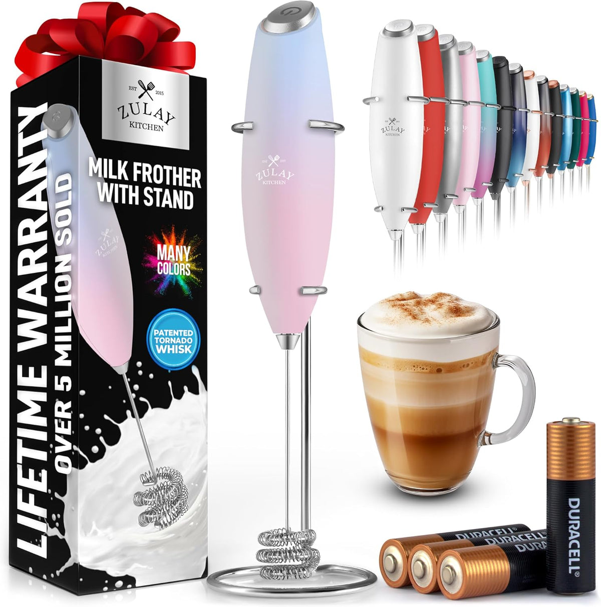 Zulay Kitchen Tornado Whisk Milk Frother with 4 AA Duracell Batteries - Triple Whisk for More Power - Handheld Coffee Frother with Stand - Drink Mixer for Lattes, Matcha & Protein Shakes
