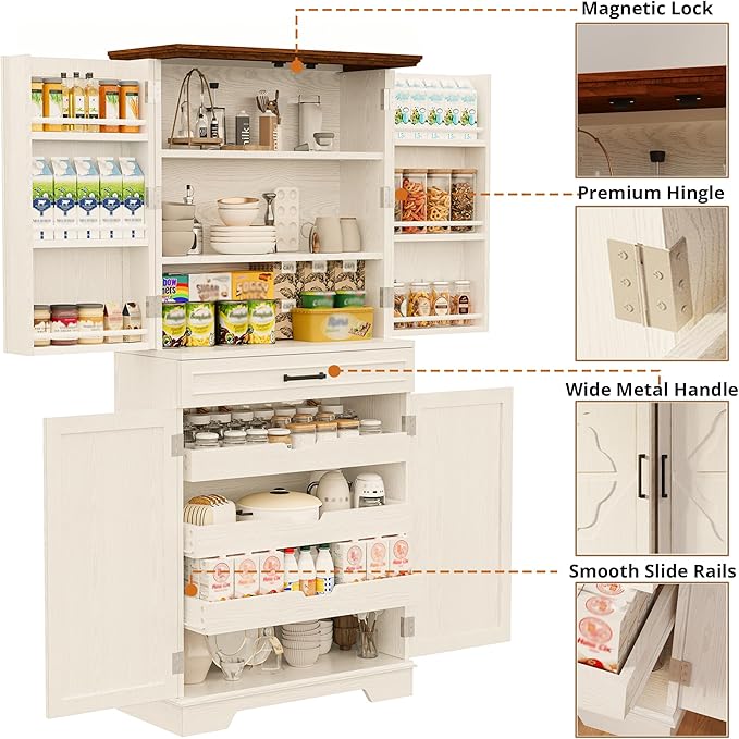IRONCK Farmhouse Kitchen Pantry Cabinet, 72" Height Tall Freestanding Cupboard with Sliding Storage Rack and 6 Hanging Shelves for Kitchen, Dining Room, White