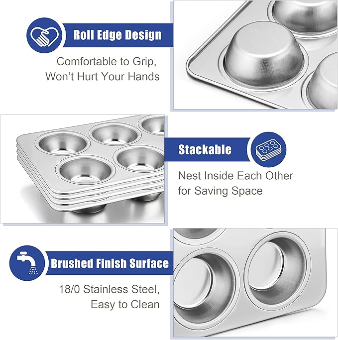 TeamFar Muffin Pan Set of 4, 6 Cup Muffin Tins Pans For Baking, Cupcake Pan Tray Set Stainless Steel for Baking Muffins Cakes Tarts and More, Healthy & Sturdy, Oven & Dishwasher Safe