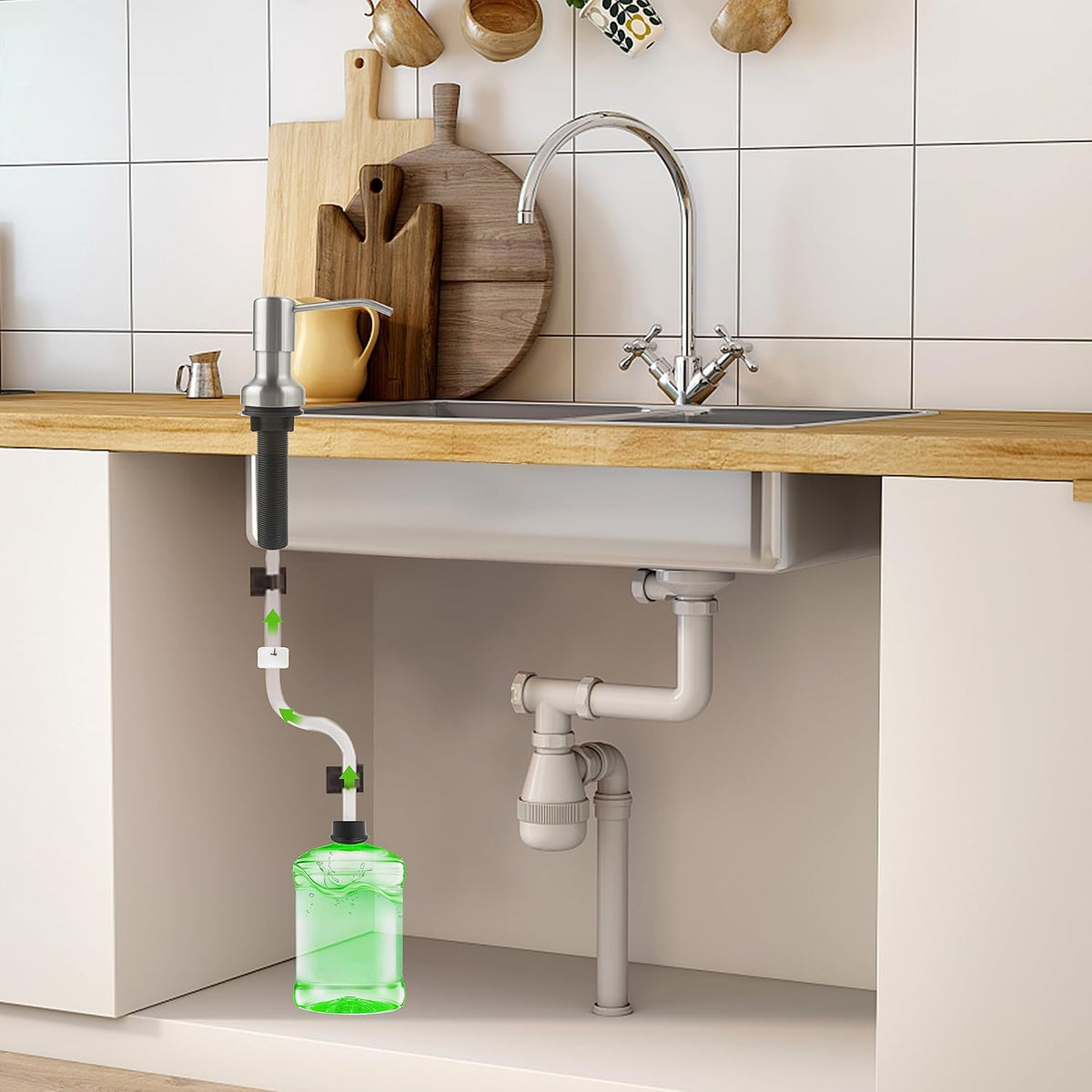 Soap Dispenser for Kitchen Sink, Sink Soap Dispenser with Longer Threaded Shaft Shank, 47" Extension Tube Connects Directly to Dish Soap Container, Wider Pump Head Base （Brushed Nickel）