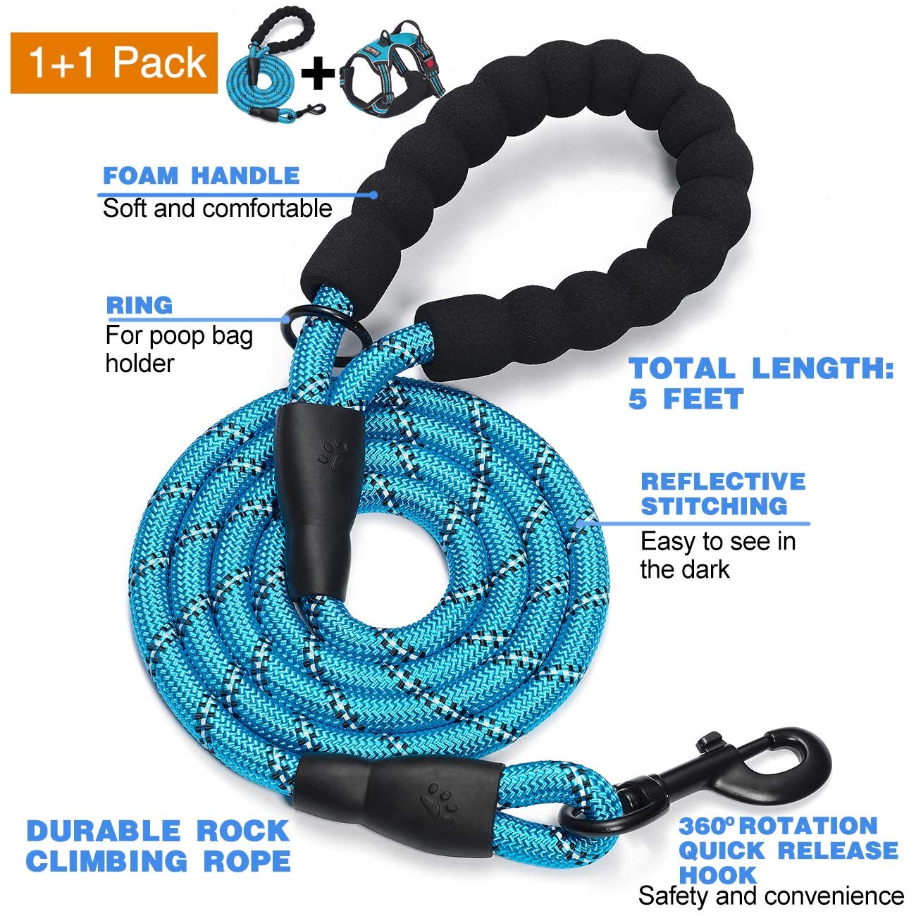 tobeDRI No Pull Dog Harness Adjustable Reflective Oxford Easy Control Medium Large Dog Harness with A Free Heavy Duty 5ft Dog Leash, Blue, L