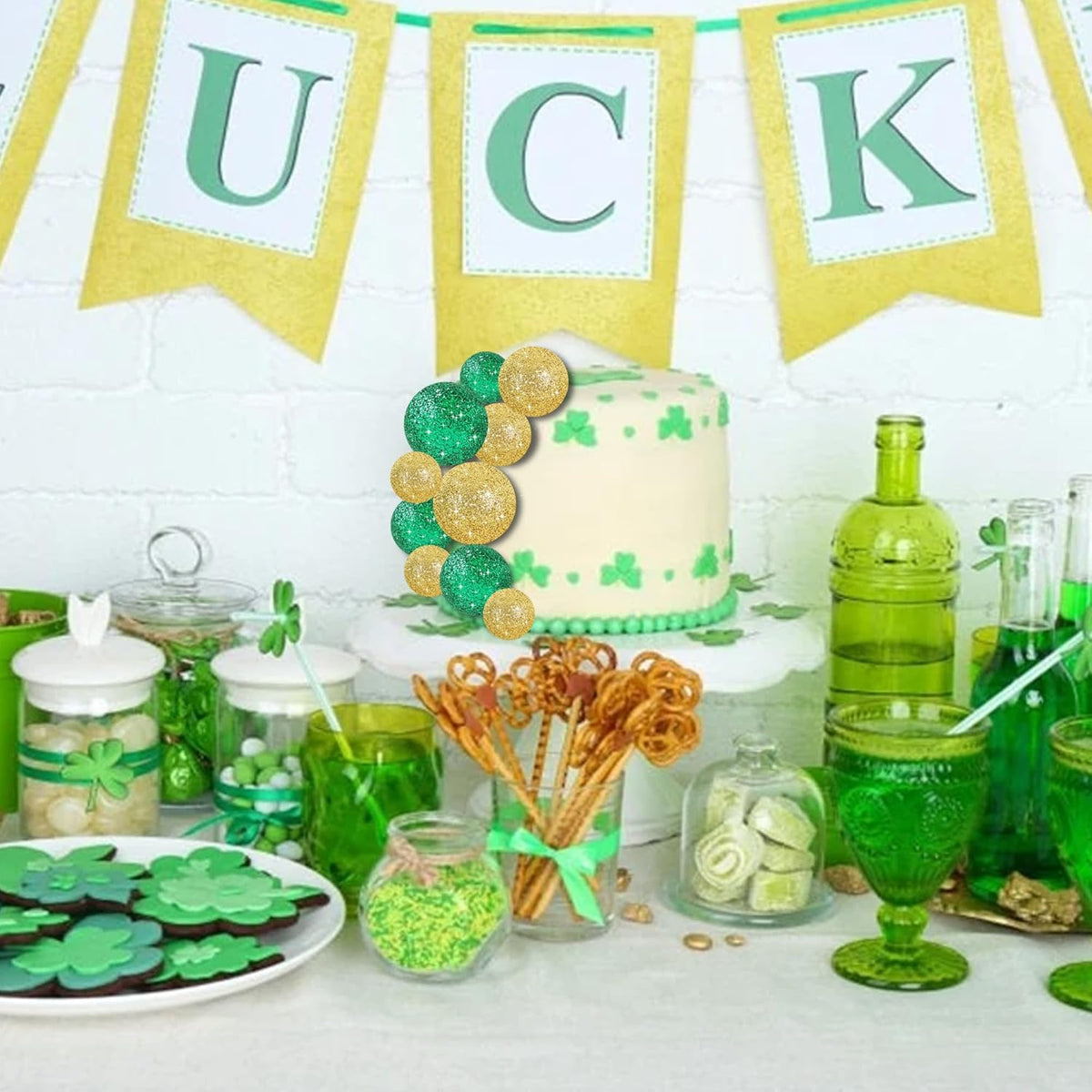 BEISHIDA 40 Pcs Ball Cake Toppers Mini Balls Cake Decorations Green Gold Foam Balls Sticks DIY Cake Topper for Baking Congrats Grade 2025 Graduation Birthday St Patrick's Day Decorations (Green Gold)