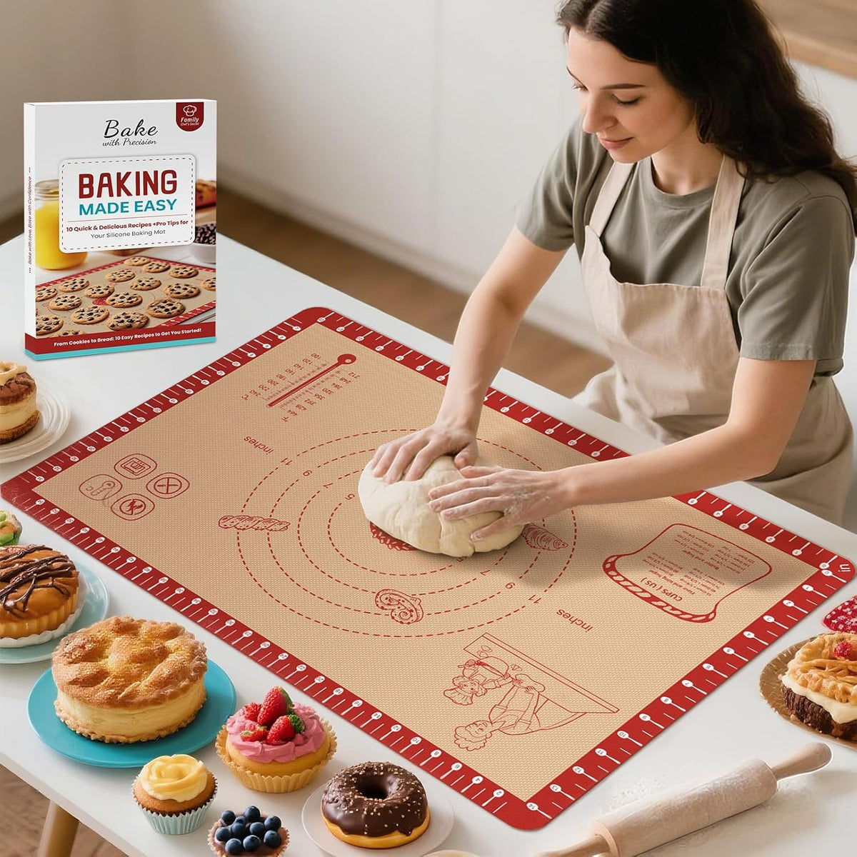 Silicone Baking Mat with Recipes, Extra Thick Silicone Mats for Baking, Non Stick Pastry Mat for Rolling Dough, Silicone Macaron Baking Mat for Cookie,Bread,Pizza,Fondant Mat, Oven&Dishwasher Safe