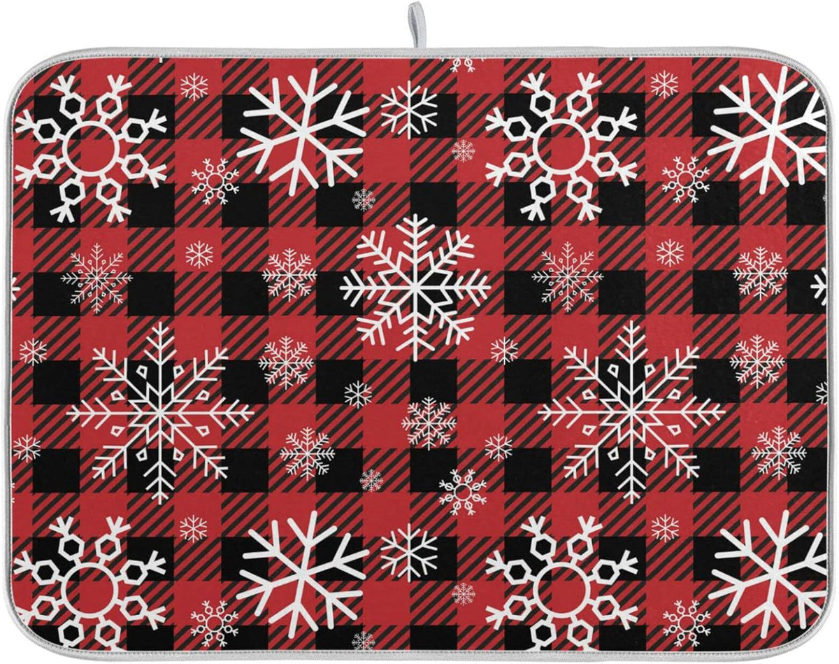 Snowflake Buffalo Plaid Dish Drying Mat for Kitchen Counter Christmas Absorbent Microfiber Drying Pad, Medium 16x18 in, Reversible Drainer Mats