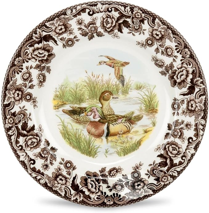 Spode Woodland Duck Dinner Plate - Game Bird Design, 10.5 Inch Fine Earthenware with British Flowers Border, Dishwasher, Microwave & Warm Oven Safe to 225°F - Made in England Wildlife Tableware
