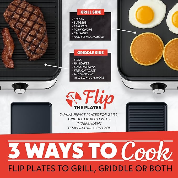 Gourmia 3-in-1 Indoor Grill & Griddle Electric Combo – Dual Independent Cooking Zones, Reversible Nonstick Ceramic Plates, XL Cooking Surface, 250–400°F Adjustable Temp, Dishwasher Safe