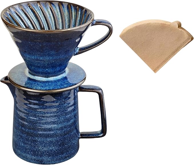 Pour Over Coffee Maker,Ceramic Coffee Maker With 40 pcs Paper Filter，15oz/450ml Pour Over Coffee Dripper (Starry Blue, V02)