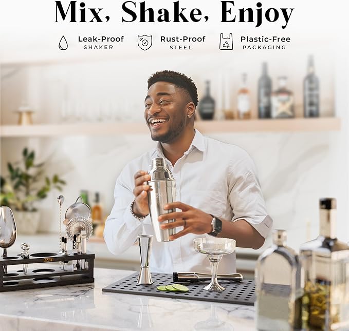 BARE BARREL® Mixology Bartender Kit Bar Set | 16-Piece Cocktail Shaker Set | Martini Barware Mixing Tools for Home Bartending | Incl. 35 Recipe Cards | Gift Set (24oz Cobbler Shaker, Silver/Black)