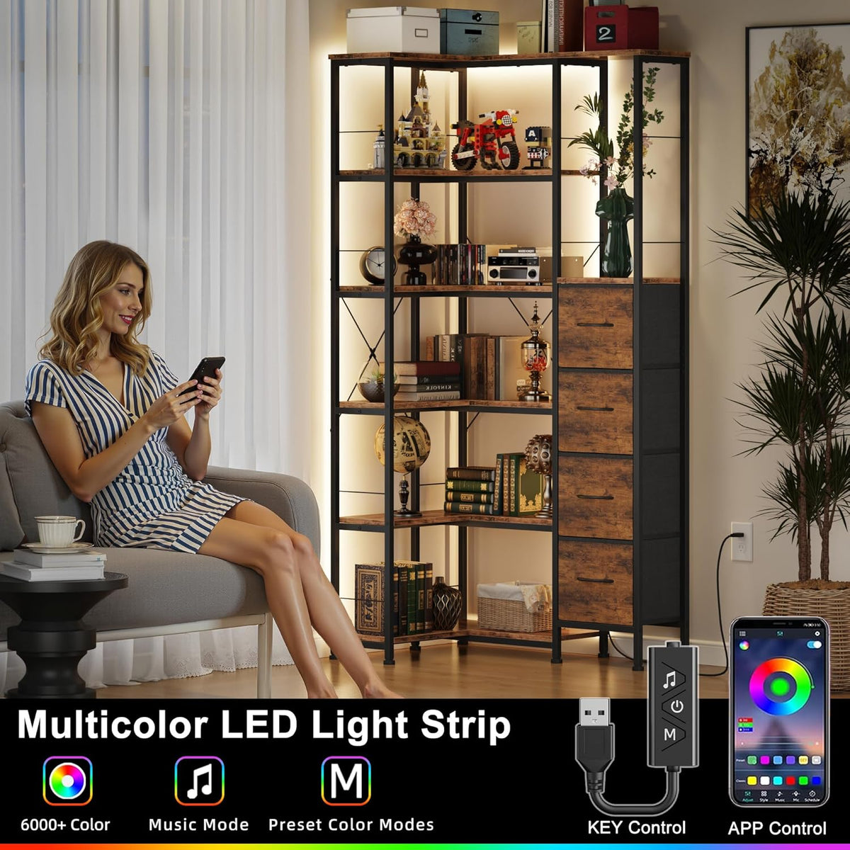 Corner Bookshelf with LED Light Strips & 4 Fabric Drawers, 6-Tier Convertible Corner Shelf with Display Shelf, Large Wood Industrial Bookcase for Living Room, Bedroom, Home Office, Rustic Brown