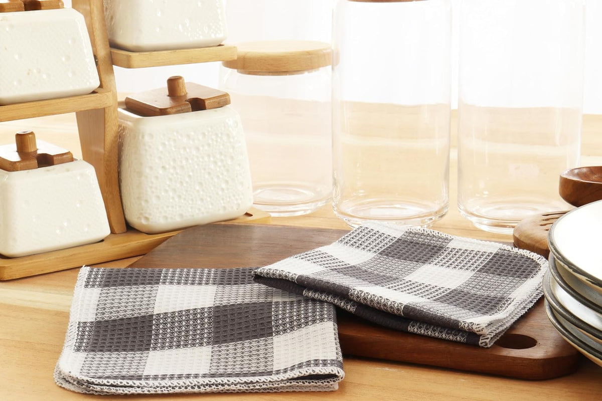 Waffle Weave Plaid Dish Cloths, 100% Cotton - 12 x 12 Inches, Ultra Soft Absorbent Quick Drying Dish Towels Buffalo Check Dish Rags for Kitchen, 8 Pack - Spring Summer - Steel Grey & White