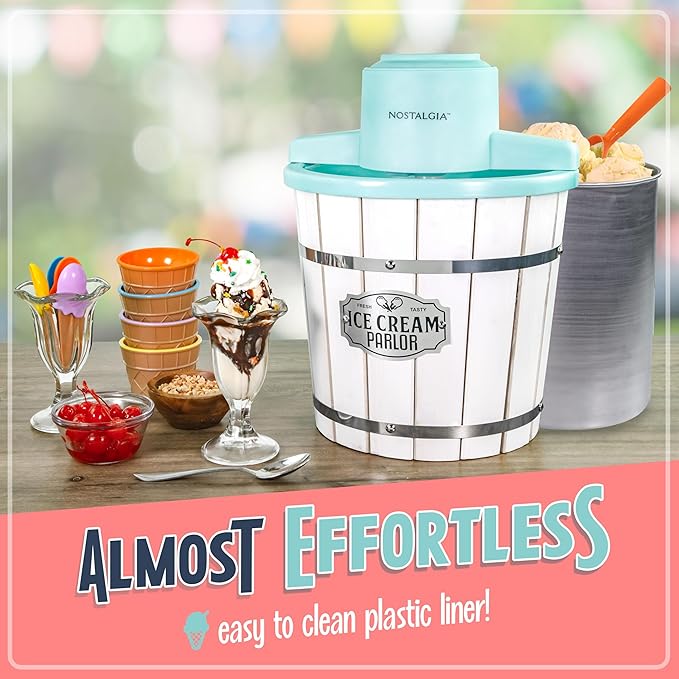 Nostalgia Electric Ice Cream Maker – Wood Bucket Parlor Style, Old Fashioned Soft Serve Ice Cream Machine Makes Frozen Yogurt or Gelato in Minutes - Fun Kitchen Appliance – White & Aqua - 4 Quart