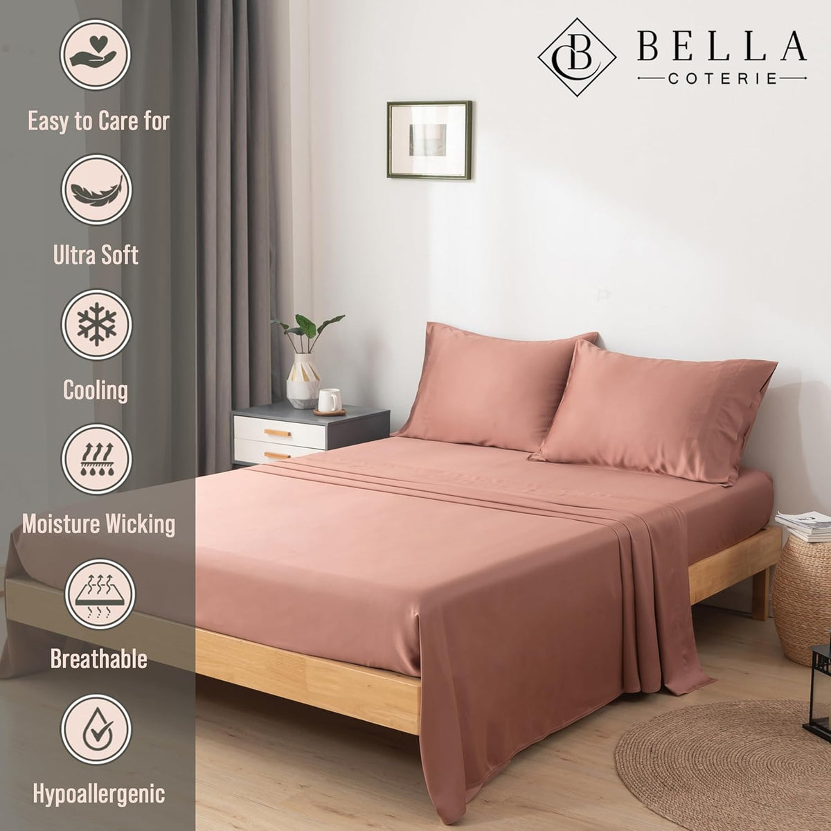 Bella Coterie Luxury Bamboo Viscose Queen Size Sheet Set | 100% Organically Grown | Ultra Soft | Cooling for Hot Sleepers | 18" Deep Pocket [Raisin]