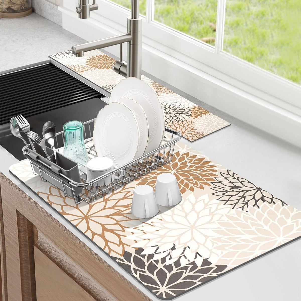 Findosom 2PCS 16" x 24" Dish Drying Mat & 24" x 5.5" Sink Splash Guard, Super Absorbent & Cuttable Dish Mat Drying Kitchen Mat with Brown Floral, Hide Stain Drying Mat for Kitchen Counter