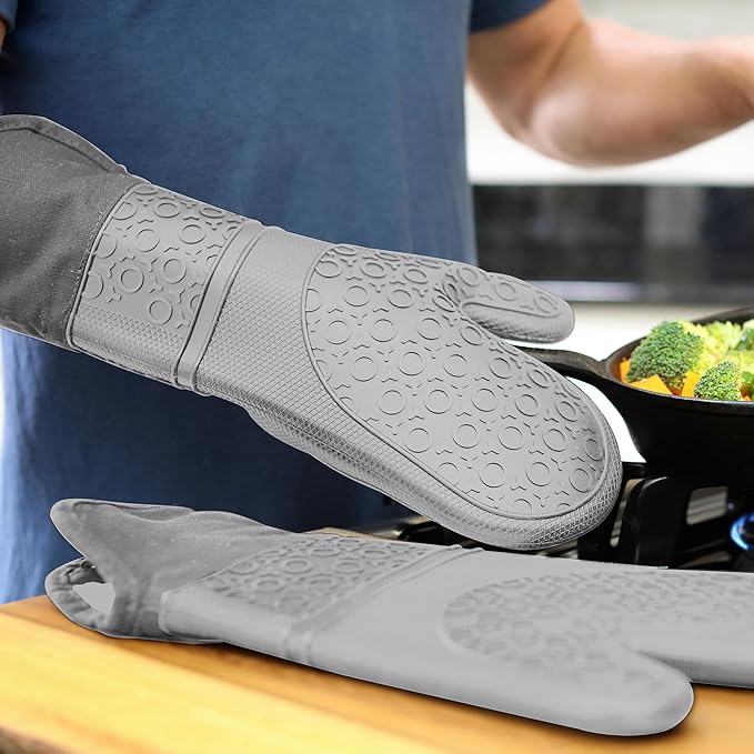 BPA-Free Soft Silicone Oven Mitts - Ultra Heat Resistant Oven Mitts with Thick Cotton Liner - Extra Long Slip Resistant Pot Holders, Flexible Oven Gloves - Gray 14.7"