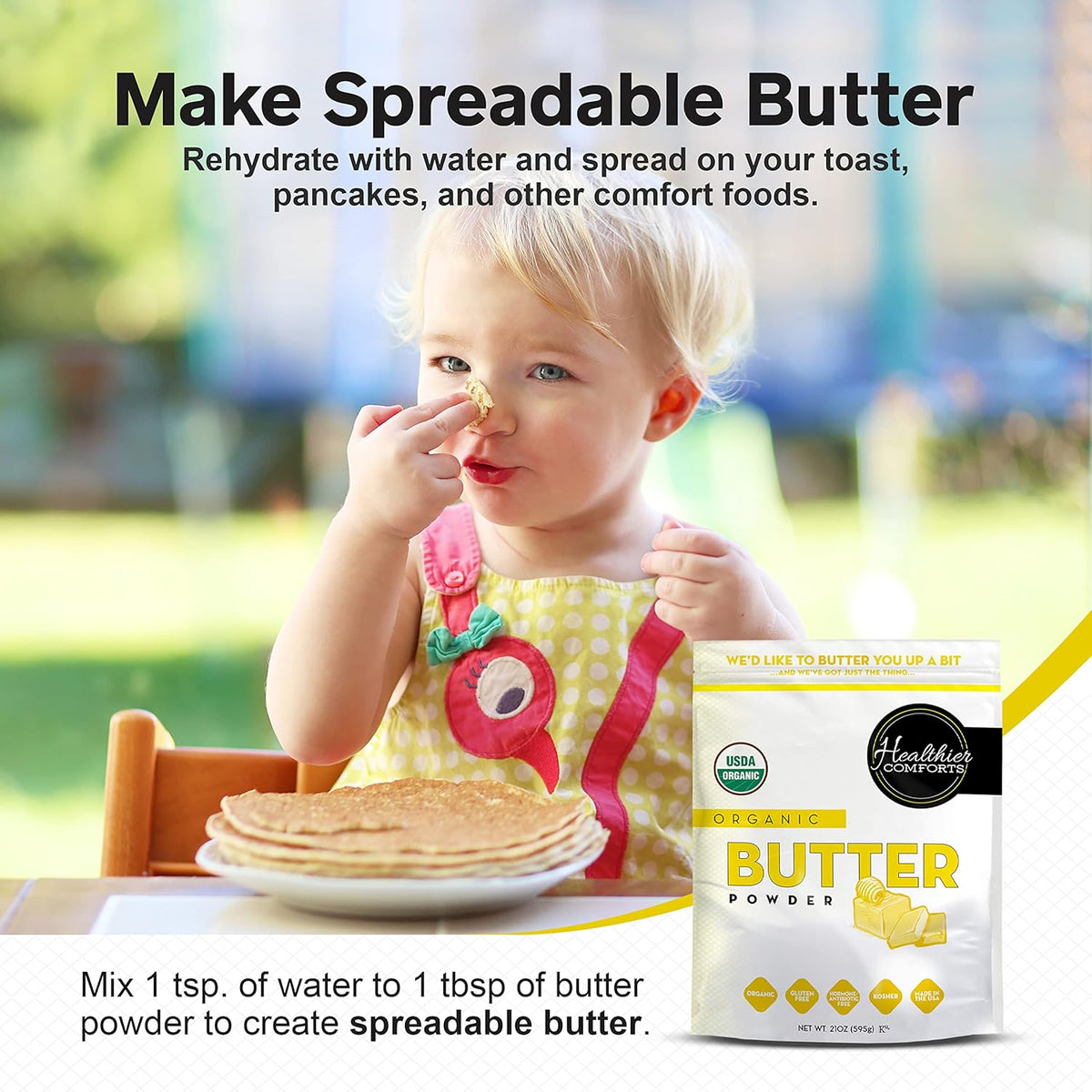 Healthier Comforts Organic Butter Powder | USDA Certified Organic Dehydrated Unsalted Butter | Kosher, Gluten Free, Non-GMO | Popcorn, Baking, Seasoning 21oz