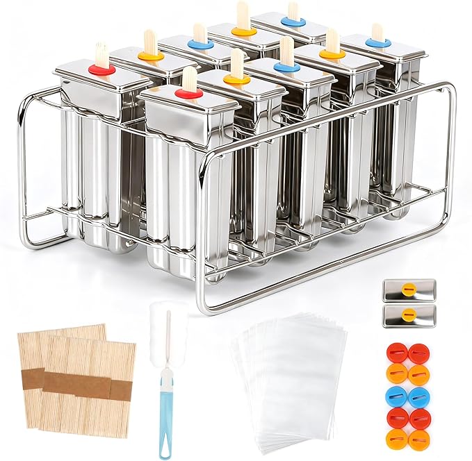 Popsicle Molds Set 10 Pieces Stainless Steel Popsicle Maker, Homemade Popsicle Molds with 100 Sticks, 20 Bags, 22 Silicone Seals, 1 Cleaning Brush & 1 Stand, Ice Pop Mold Maker for Kids (Square)