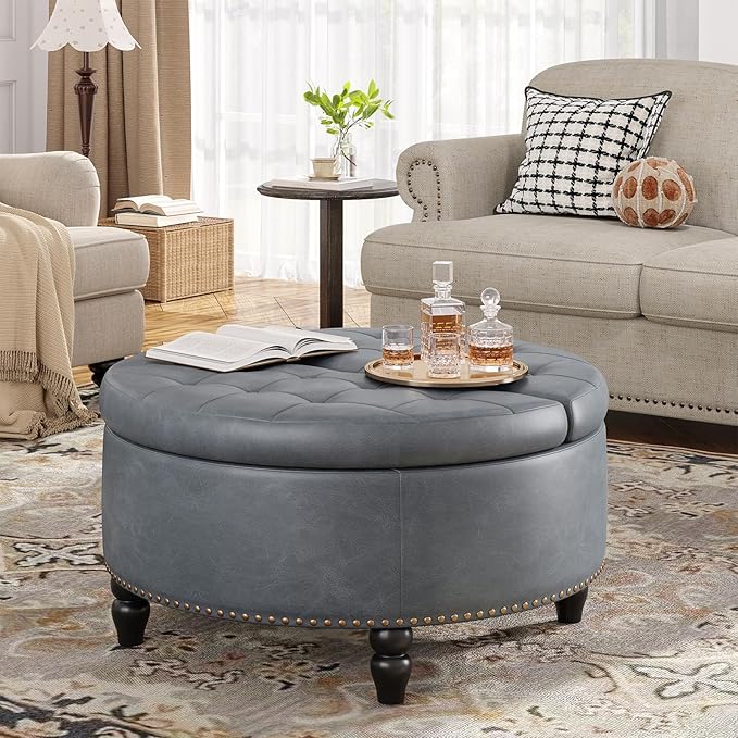 30 Inch Large Round Ottoman with Storage, Modern Leather Ottoman Coffee Table with Lift Top, Upholstered Button Tufted Footrest Stool Toy Blanket Storage for Living Room, Gray