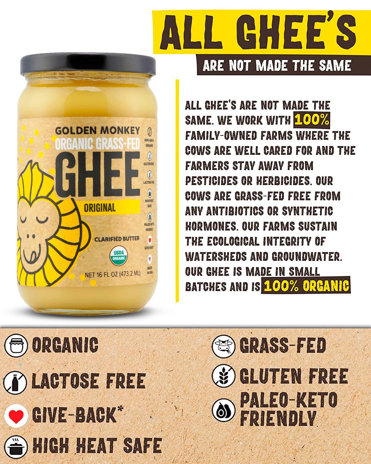 GOLDEN MONKEY Organic Ghee Butter – Grass Fed Clarified Butter for Cooking, Baking, Keto & Gut Health – Ghee Butter Organic Grass Fed from Small Farms – Smooth Spread with High Smoke Point (16oz)