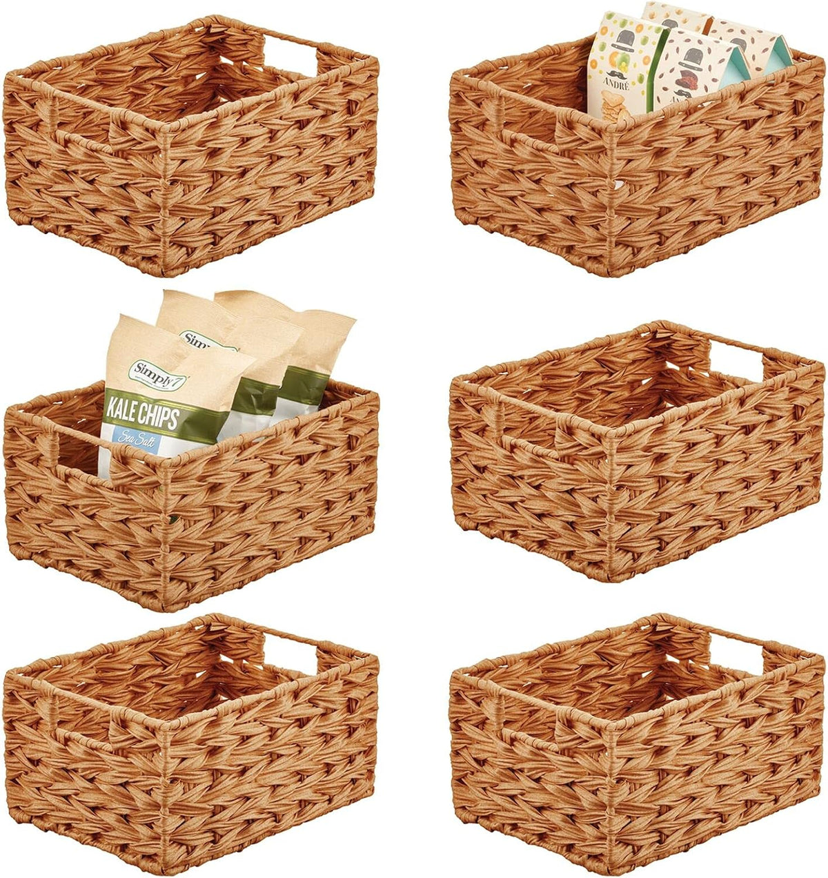 mDesign Woven Farmhouse Kitchen Pantry Food Storage Organizer Basket Bin Box - Container Organization for Cabinets, Cupboards, Shelves, Countertops - Store Potatoes, Onions, Fruit, 6 Pack, Camel Brown