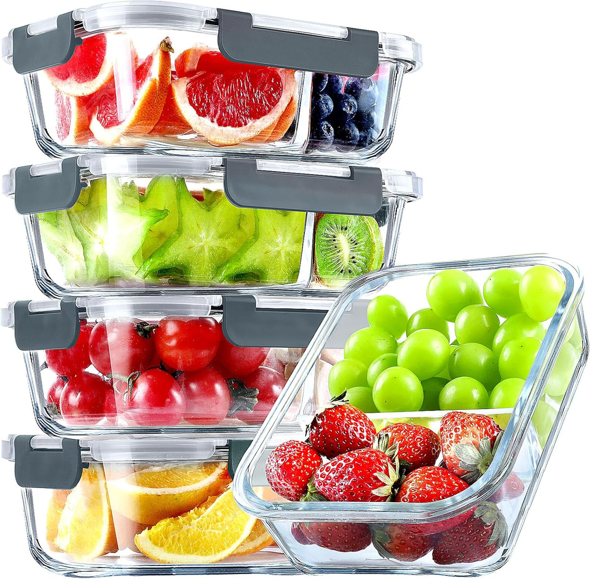 VERONES 5 Pack Glass Meal Prep Containers 2 Compartment Set, 36OZ Airtight Glass Lunch Containers, Glass Food Storage Containers with Lids, for Microwave, Oven, Freezer & Dishwasher Friendly,Grey