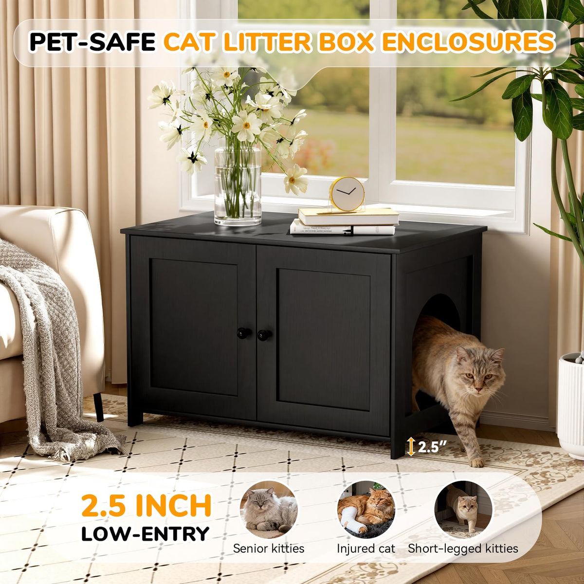 Fecuria Cat Litter Box Enclosure Furniture Dog Proof, Hidden Kitty Washroom Cabinet Low Entry, Wooden Cat Boxes Enclosure Odor Control for Home, Farmhouse Style Decorative TV Stand with Storage, Black