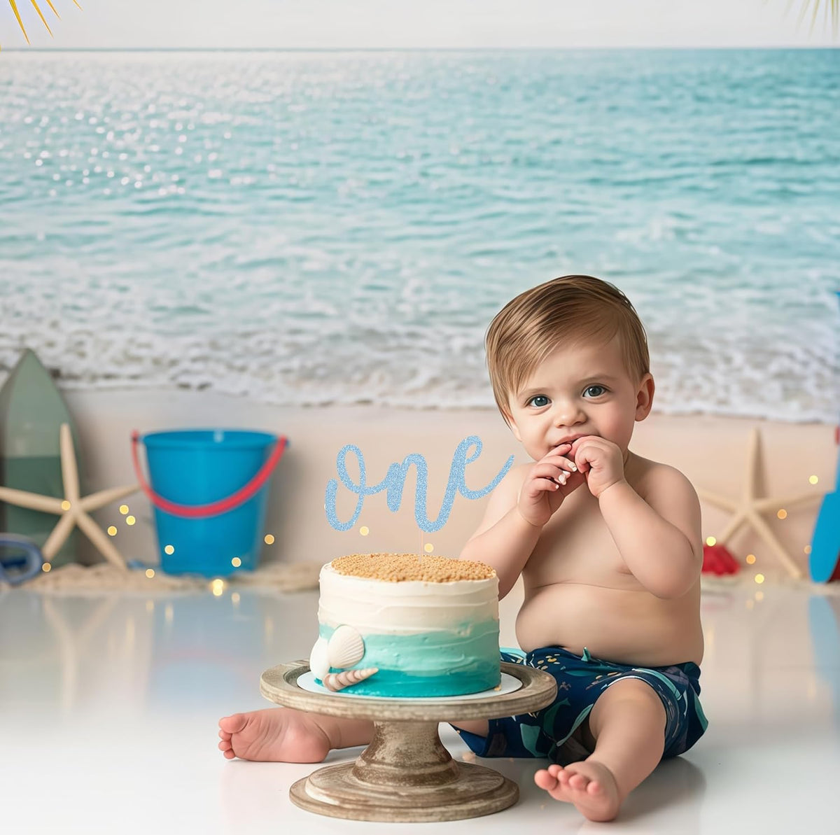 First Birthday Cake Topper - Light Blue Glitter One Cake Decorating Supplies for Girls and Boys, Perfect for Baby Shower/Gender Revealing Party Photo Booth Props