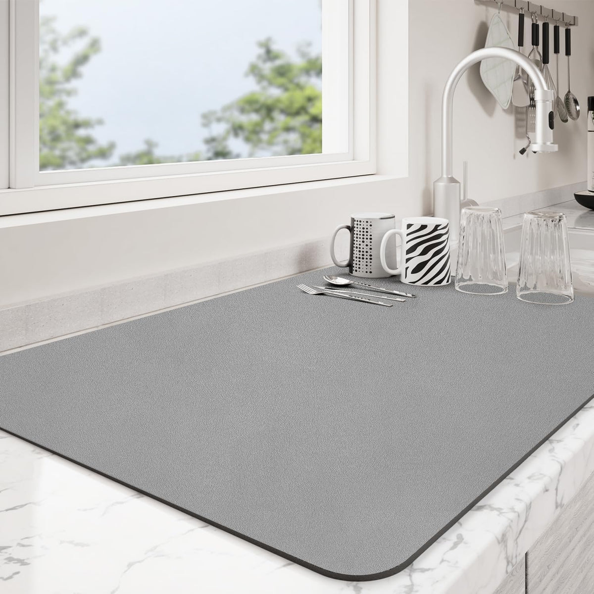 Dish Drying Mat for Kitchen Counter | Coffee Bar Mat for Countertops | Heat Resistant Drainer Mat with Non-slip Rubber Backed | Hide Stain Kitchen Absorbent Draining Mat | Grey 16"x18"