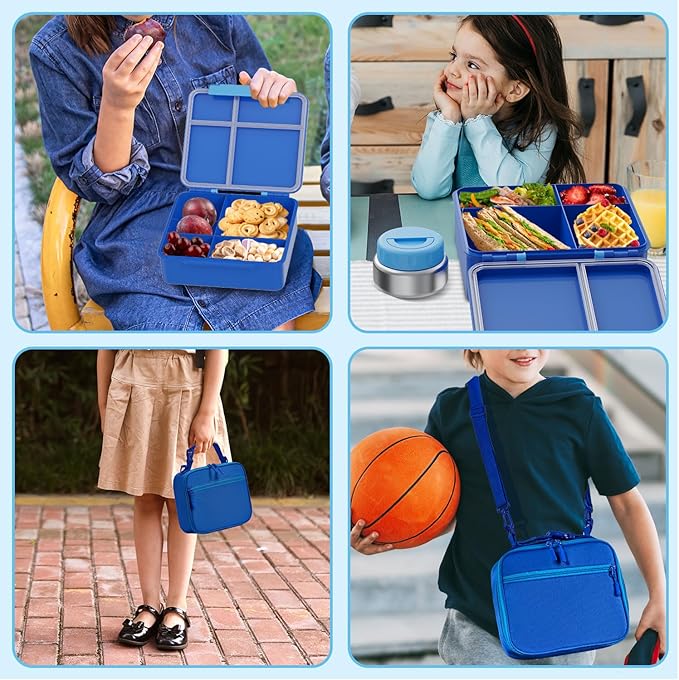 Kids Bento Lunch Box with Thermos, Leakproof Toddler Bento Box with 9 OZ Insulated Food Jar, Lunch Bag & Utensils 3 or 4 Compartment Container for School Girls Boys
