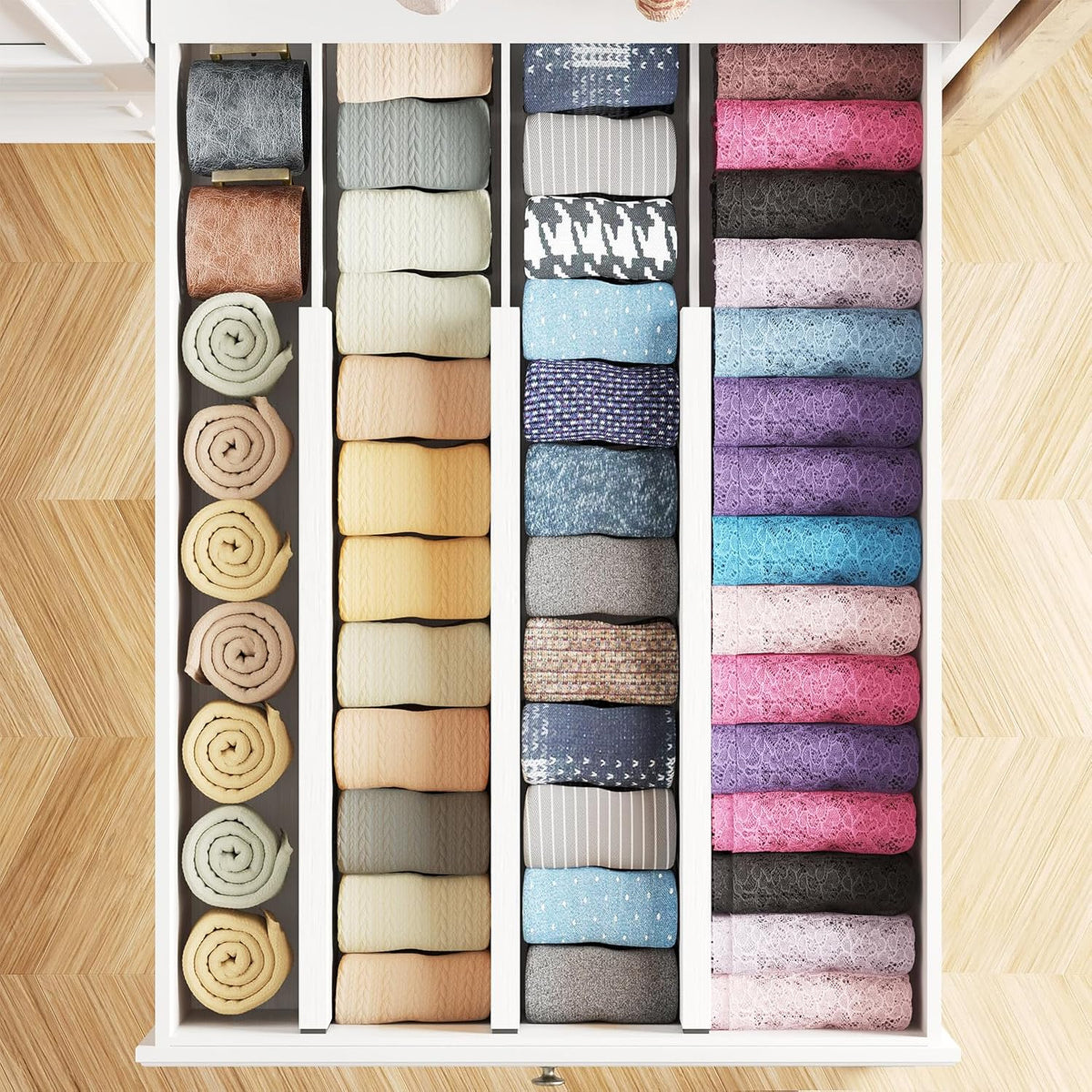 SpaceAid Bamboo Dresser Drawer Dividers 6 Pack, 4.65“ High Adjustable 17“-22” Drawer Organizers, Expandable Organization for Clothing, Clothes, Dressers, White