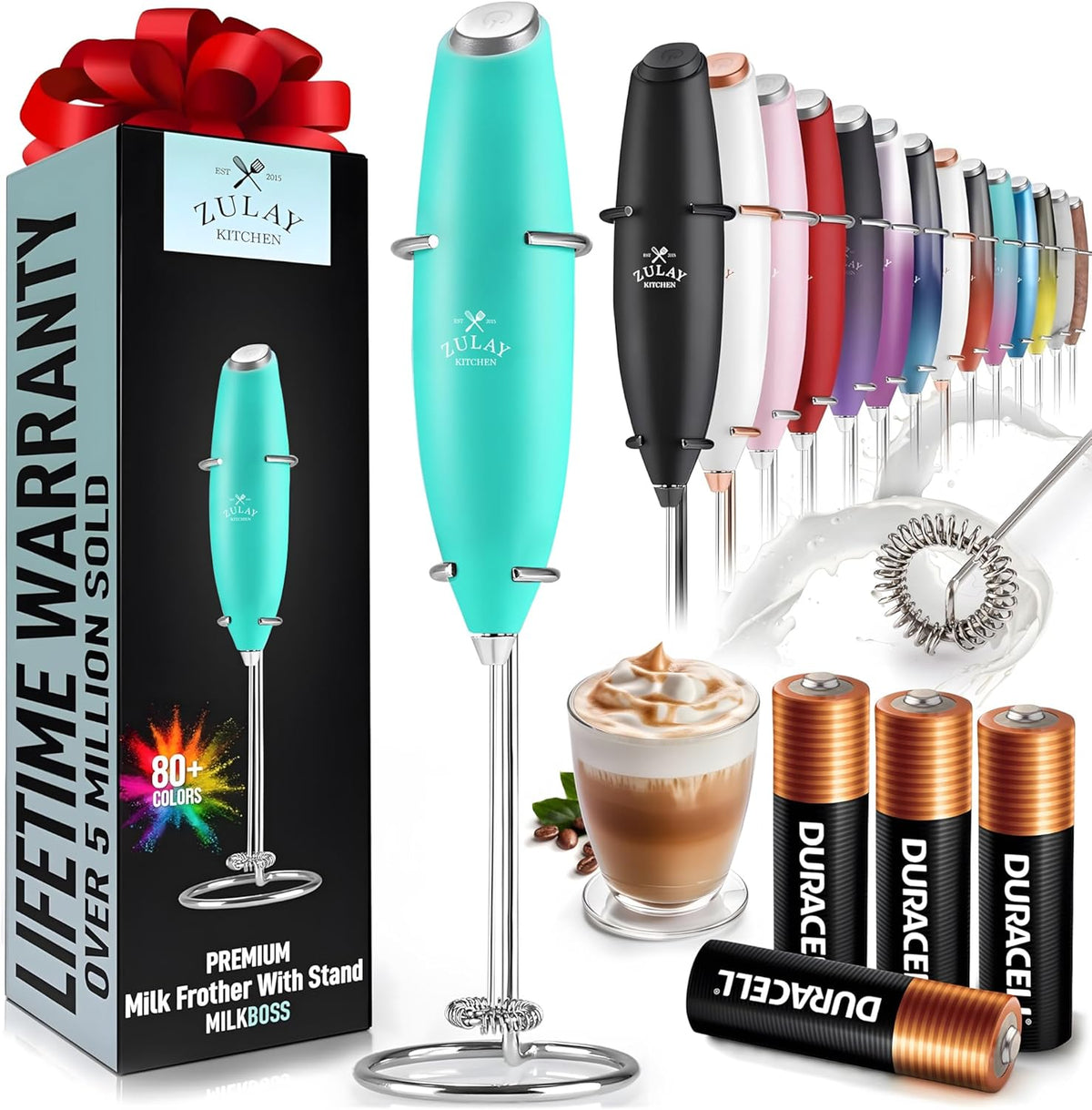 Zulay Kitchen Powerful Milk Frother Wand With 4 AA Duracell Batteries - Ultra Fast Handheld Drink Mixer - Electric Whisk Foam Maker for Coffee, Lattes, Cappuccino, Matcha & Creamer -