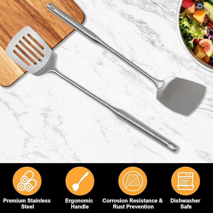 2 Pcs stainless steel spatula set,Heat Resistant metal spatula for cooking, kitchen utensils set Include Solid & Slotted Turner,Ergonomic Handle, Easy to Clean