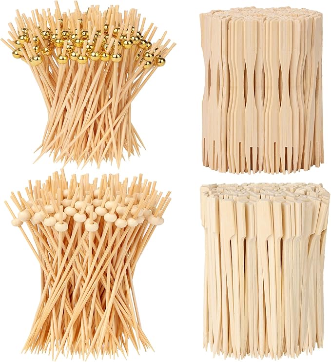 400PCS Cocktail Picks, Sublaga 4.7" Eco-friendly Natural Bamboo Ball Food Picks, Fancy Toothpicks for Appetizers, Drinks Party Fruit, Bamboo Gold Ball Food Sticks Charcuterie Boards Accessories