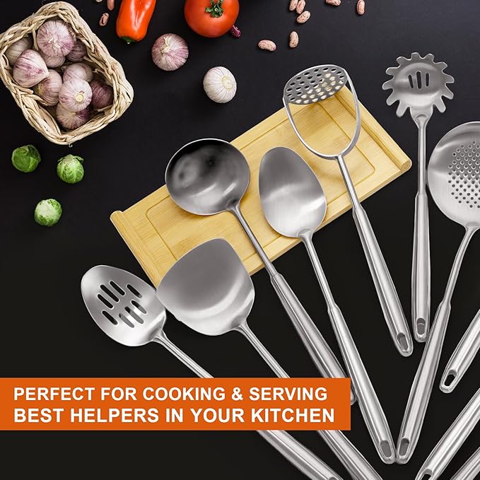 304 Stainless Steel Cooking Utensils Set, Stainless Steel Kitchen Utensils, 12 PCS Long Large Metal Cooking Utensil Tools Set, Potato Masher, Fork, Tongs, Pasta, etc (Dishwasher Safe)