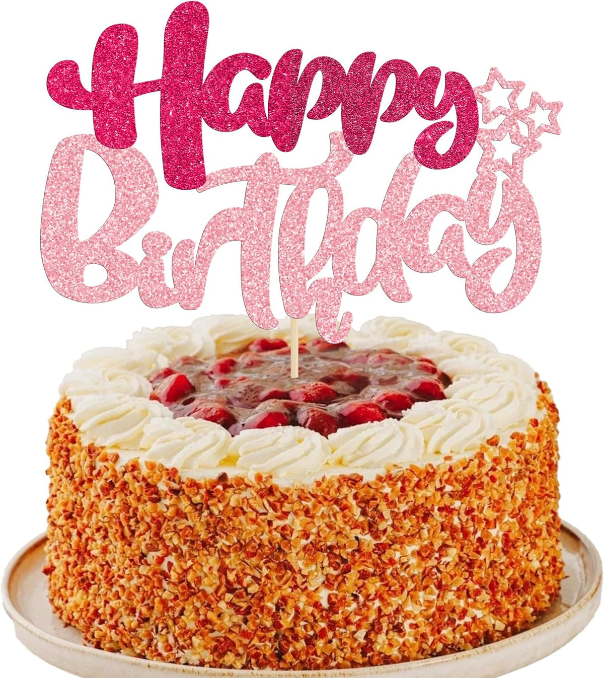Ephlyn 1Pcs Glitter Happy Birthday Cake Topper for Celebrating Anniversary Theme Party Cake Decorations Supplies Rose Red Pink