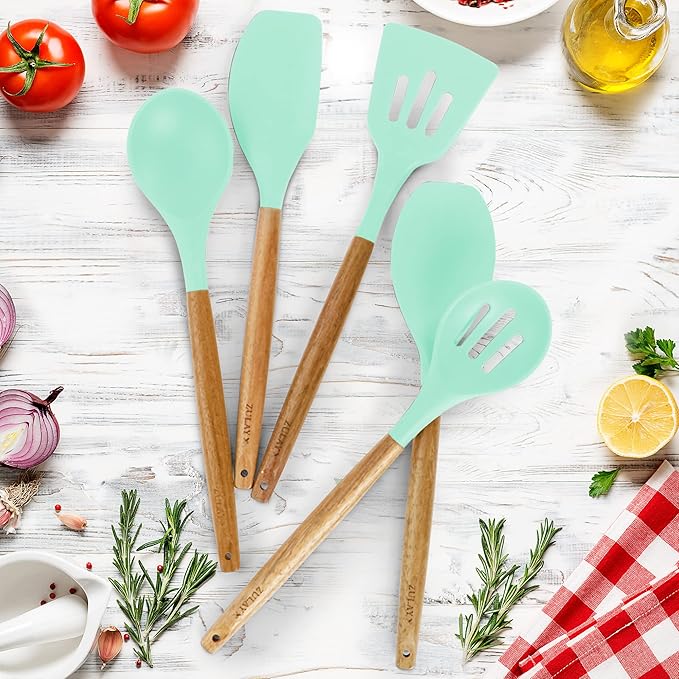 Zulay Kitchen Non-Stick Cooking Utensils Set with Authentic Acacia Wood Handles – 5-Piece Durable & Stylish Silicone Kitchen Utensils Set – Heat Resistant to 464°F – Aqua