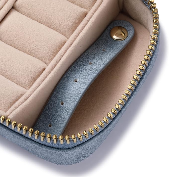 HISCOW Vegan Leather Travel Jewelry Case with Zipper - Portable Necklace & Earring Holder Organizer for Women Girls, Velvet-Lined Ring Box with Anti-Tarnish Design, Baby Blue