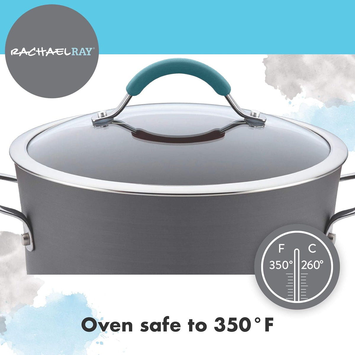 Rachael Ray 87642 Cucina Hard Anodized Nonstick Skillet with Helper Handle, 14 Inch Frying Pan, Gray/Agave Blue