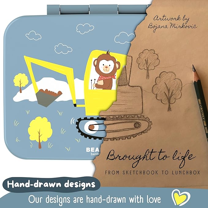 Kids Lunch Box with Compartments – Compact & Lightweight | Leak-Proof, BPA-Free, Dishwasher & Microwave Safe | Hand-Drawn Design for Preschool, School, Travel (Excavator Monkey Blue, 2.75 Cups)